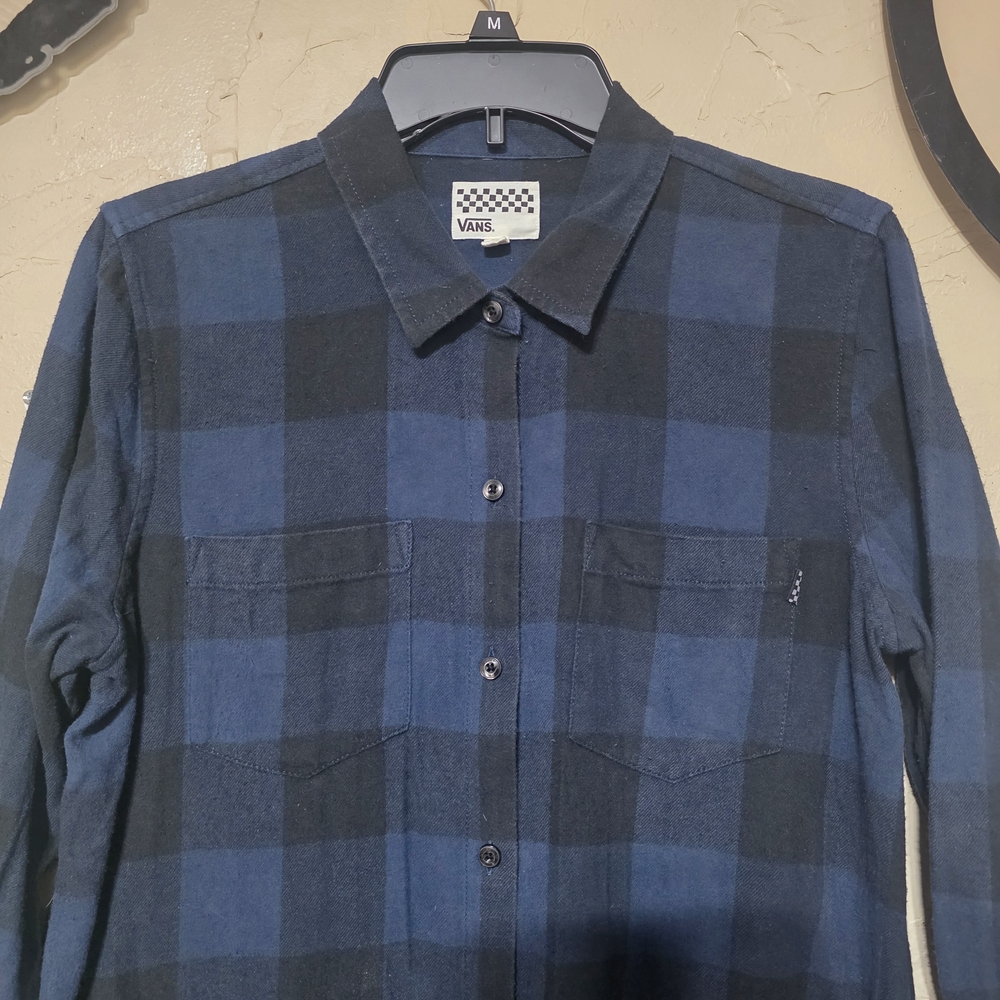 VANS Navy Blue Black Buffalo Plaid Flannel Button Down Tunic Shirt Dress Pockets - Picture 3 of 11